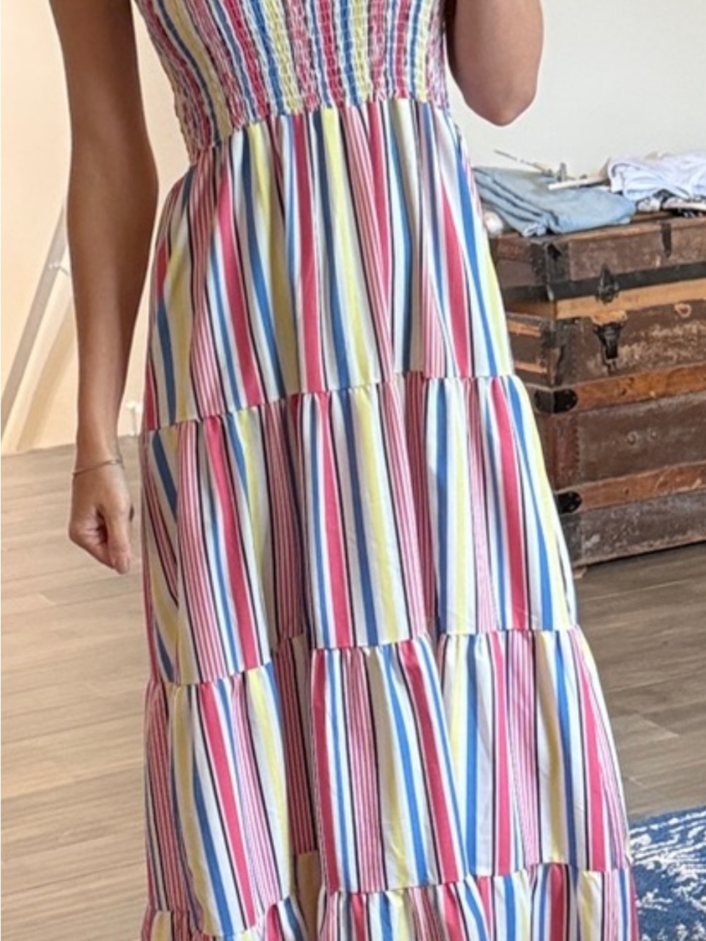Striped Tiered Maxi Dress in Pink, Blue & Yellow